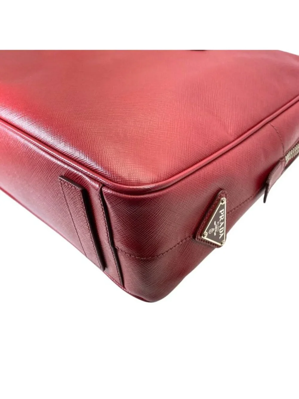 Prada Business Briefcase Handbag Triangle Logo Saffiano Leather Red Document
